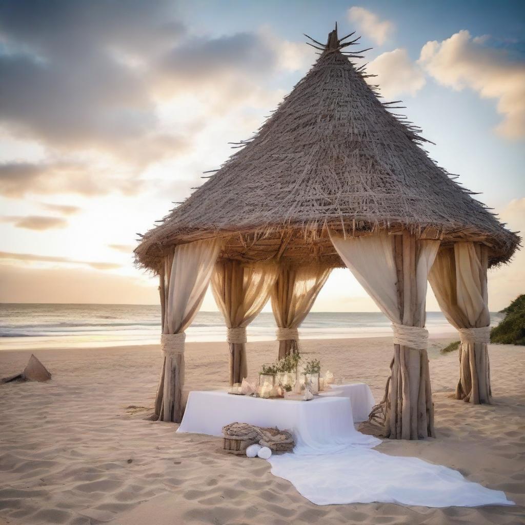 An alluring architectural structure on a tranquil beach, elegantly crafted from driftwood and draped with soft, wind-ruffled linen evoking a romantic seaside ambiance.