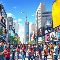 A vibrant depiction of various media impacting everyday life, featuring a bustling city scene with people using smartphones, tablets, and laptops while engaging in conversations
