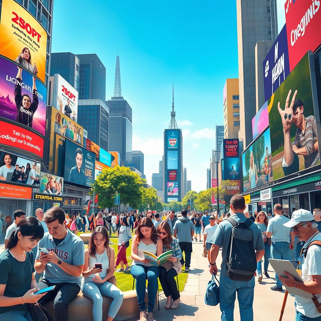 A vibrant depiction of various media impacting everyday life, featuring a bustling city scene with people using smartphones, tablets, and laptops while engaging in conversations