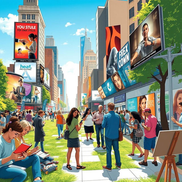 A vibrant depiction of various media impacting everyday life, featuring a bustling city scene with people using smartphones, tablets, and laptops while engaging in conversations