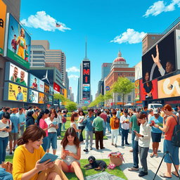 A vibrant depiction of various media impacting everyday life, featuring a bustling city scene with people using smartphones, tablets, and laptops while engaging in conversations