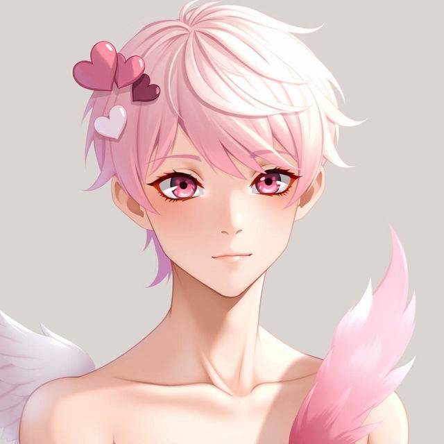 A young male character around 15 years old with fair skin, slightly long light pink hair, featuring a long fringe that has a white section