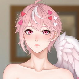 A young male character around 15 years old with fair skin, slightly long light pink hair, featuring a long fringe that has a white section
