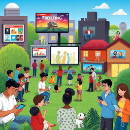 A colorful and detailed illustration showcasing the impact of different media on everyday life