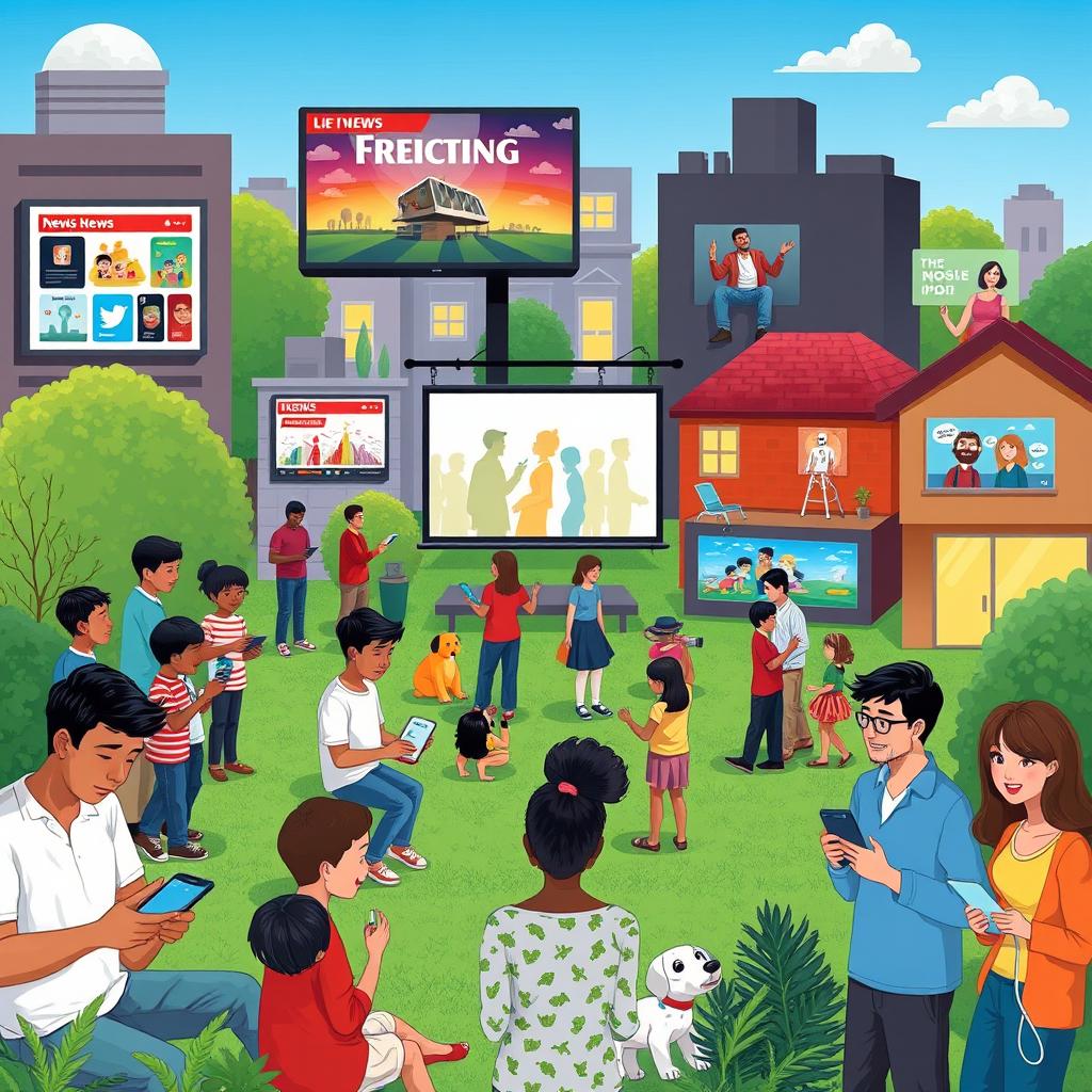 A colorful and detailed illustration showcasing the impact of different media on everyday life