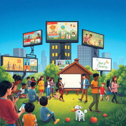 A colorful and detailed illustration showcasing the impact of different media on everyday life