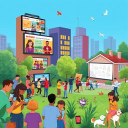 A colorful and detailed illustration showcasing the impact of different media on everyday life