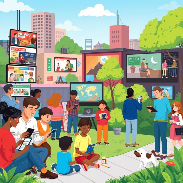 A colorful and detailed illustration showcasing the impact of different media on everyday life