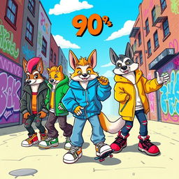 A colorful and vibrant scene featuring a group of anthropomorphic animals dressed in trendy 90s fashion, complete with oversized jackets, colorful sneakers, and funky hairstyles
