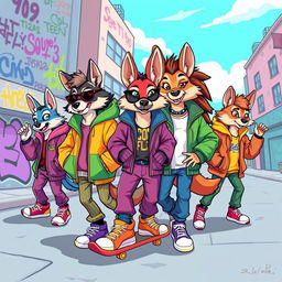 A colorful and vibrant scene featuring a group of anthropomorphic animals dressed in trendy 90s fashion, complete with oversized jackets, colorful sneakers, and funky hairstyles