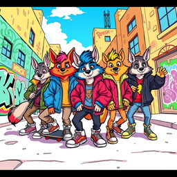 A colorful and vibrant scene featuring a group of anthropomorphic animals dressed in trendy 90s fashion, complete with oversized jackets, colorful sneakers, and funky hairstyles