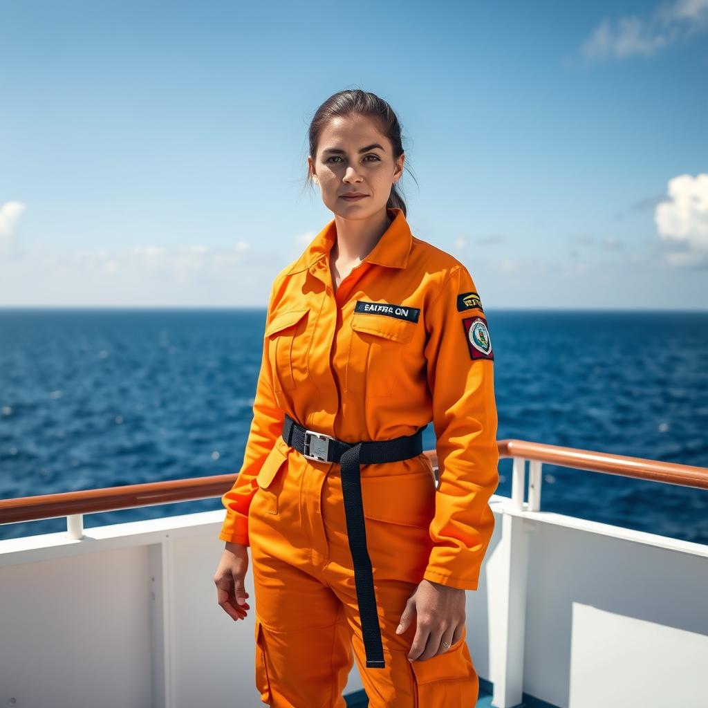 A female seafarer in a bright orange uniform, standing confidently on a ship deck