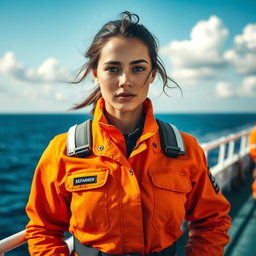 A female seafarer in a bright orange uniform, standing confidently on a ship deck