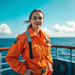 A female seafarer in a bright orange uniform, standing confidently on a ship deck