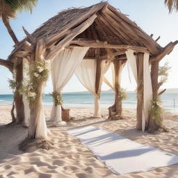 An alluring architectural structure on a tranquil beach, elegantly crafted from driftwood and draped with soft, wind-ruffled linen evoking a romantic seaside ambiance.