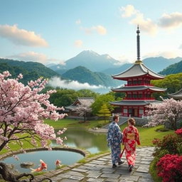 A beautiful and serene scene depicting traditional Japanese travel, showcasing iconic elements such as a stunning pagoda in a lush green landscape, cherry blossom trees blooming in the foreground, with a tranquil koi pond nearby