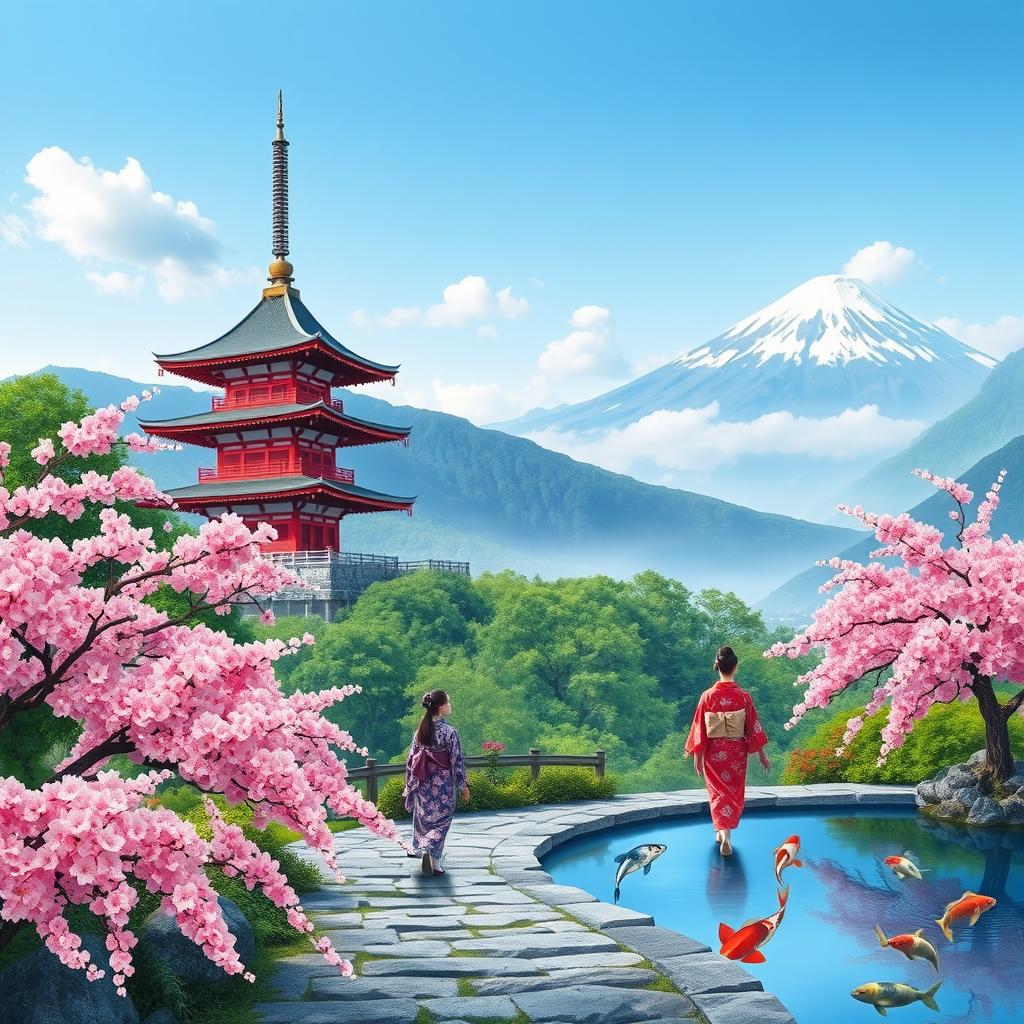 A beautiful and serene scene depicting traditional Japanese travel, showcasing iconic elements such as a stunning pagoda in a lush green landscape, cherry blossom trees blooming in the foreground, with a tranquil koi pond nearby