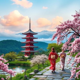 A beautiful and serene scene depicting traditional Japanese travel, showcasing iconic elements such as a stunning pagoda in a lush green landscape, cherry blossom trees blooming in the foreground, with a tranquil koi pond nearby
