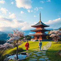 A beautiful and serene scene depicting traditional Japanese travel, showcasing iconic elements such as a stunning pagoda in a lush green landscape, cherry blossom trees blooming in the foreground, with a tranquil koi pond nearby