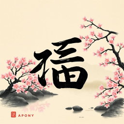 A beautifully designed Japanese kanji character in calligraphy style, intricately detailed with elegant strokes, flowing lines, and rich black ink on a textured rice paper background