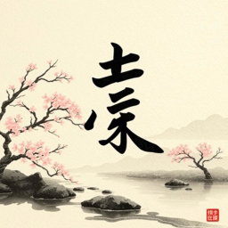 A beautifully designed Japanese kanji character in calligraphy style, intricately detailed with elegant strokes, flowing lines, and rich black ink on a textured rice paper background
