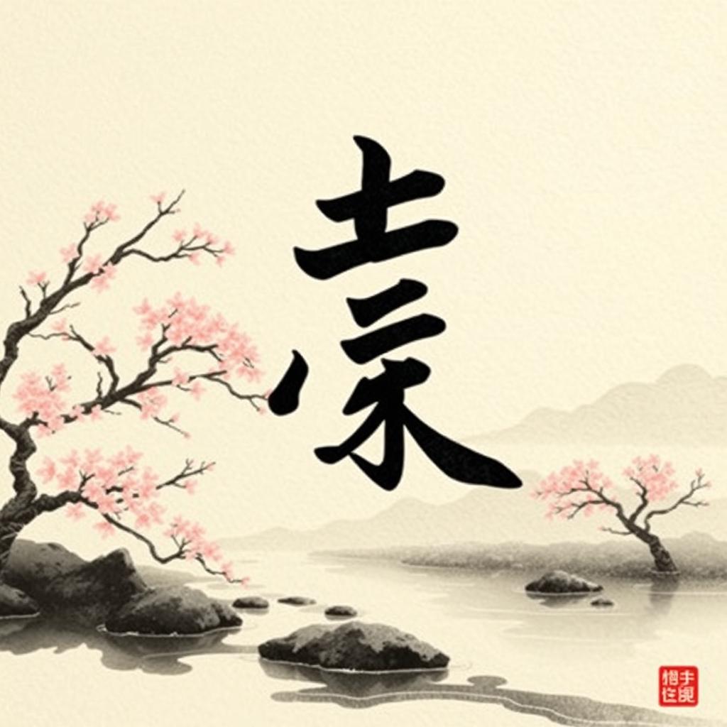 A beautifully designed Japanese kanji character in calligraphy style, intricately detailed with elegant strokes, flowing lines, and rich black ink on a textured rice paper background
