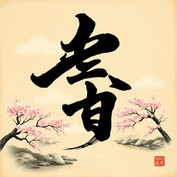 A beautifully designed Japanese kanji character in calligraphy style, intricately detailed with elegant strokes, flowing lines, and rich black ink on a textured rice paper background