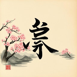 A beautifully designed Japanese kanji character in calligraphy style, intricately detailed with elegant strokes, flowing lines, and rich black ink on a textured rice paper background