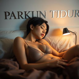 A beautiful Thai woman with short hair, wearing revealing sexy clothing, lying peacefully on a bed