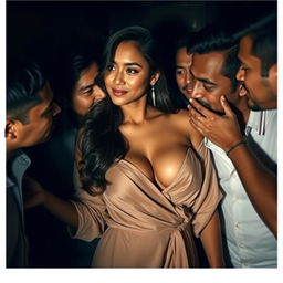 An Indonesian woman exuding confidence and allure, engaged in a passionate encounter with multiple admirers