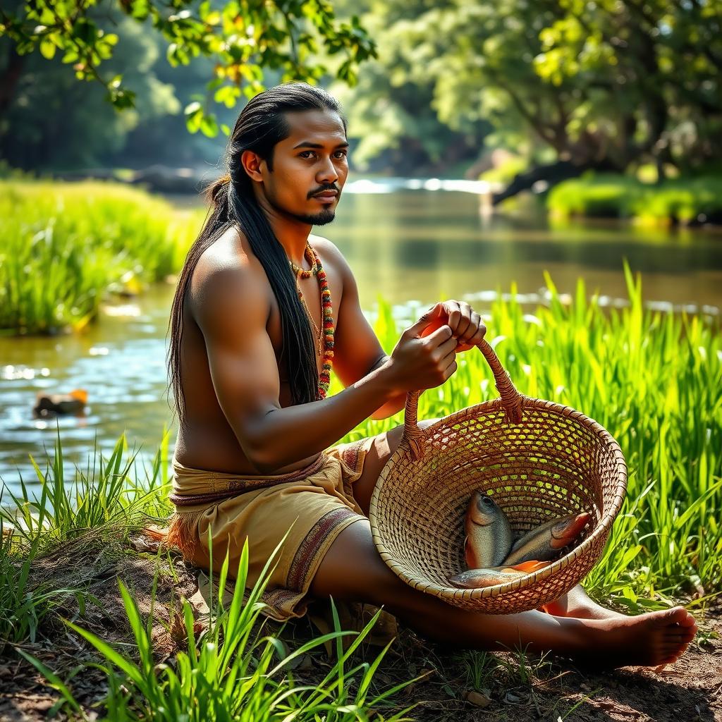 An indigenous man sitting gracefully on a riverbank, holding a beautifully woven fish basket