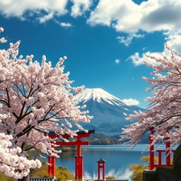 A stunning landscape showcasing Japan’s natural beauty, featuring the iconic Mount Fuji in the background, cherry blossom trees in full bloom in the foreground, traditional Japanese torii gates, and a serene lake reflecting the mountains