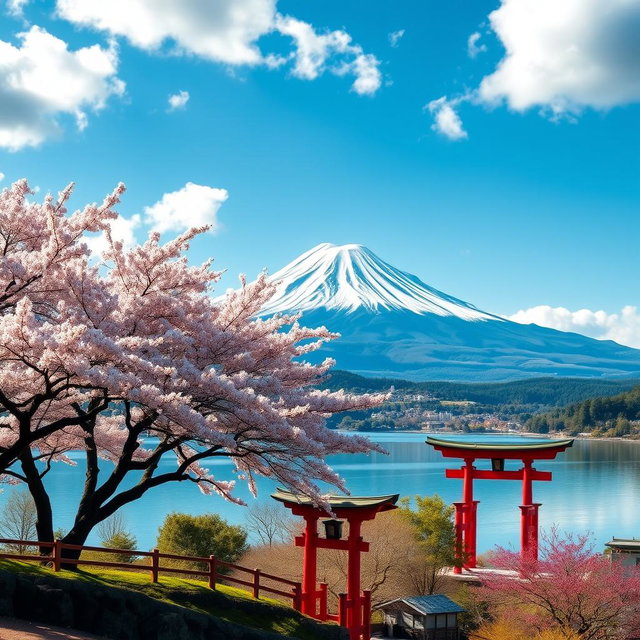 A stunning landscape showcasing Japan’s natural beauty, featuring the iconic Mount Fuji in the background, cherry blossom trees in full bloom in the foreground, traditional Japanese torii gates, and a serene lake reflecting the mountains