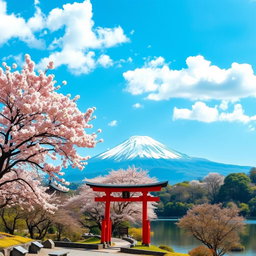 A stunning landscape showcasing Japan’s natural beauty, featuring the iconic Mount Fuji in the background, cherry blossom trees in full bloom in the foreground, traditional Japanese torii gates, and a serene lake reflecting the mountains