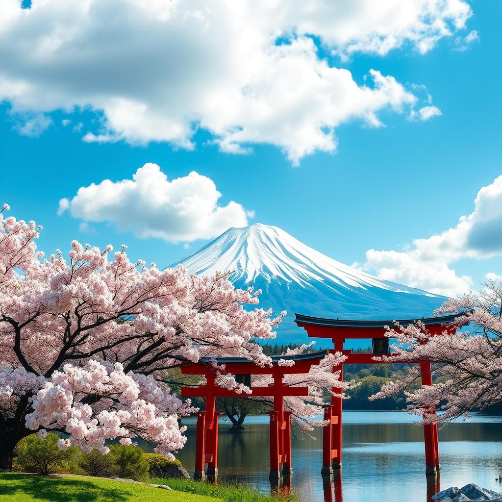A stunning landscape showcasing Japan’s natural beauty, featuring the iconic Mount Fuji in the background, cherry blossom trees in full bloom in the foreground, traditional Japanese torii gates, and a serene lake reflecting the mountains