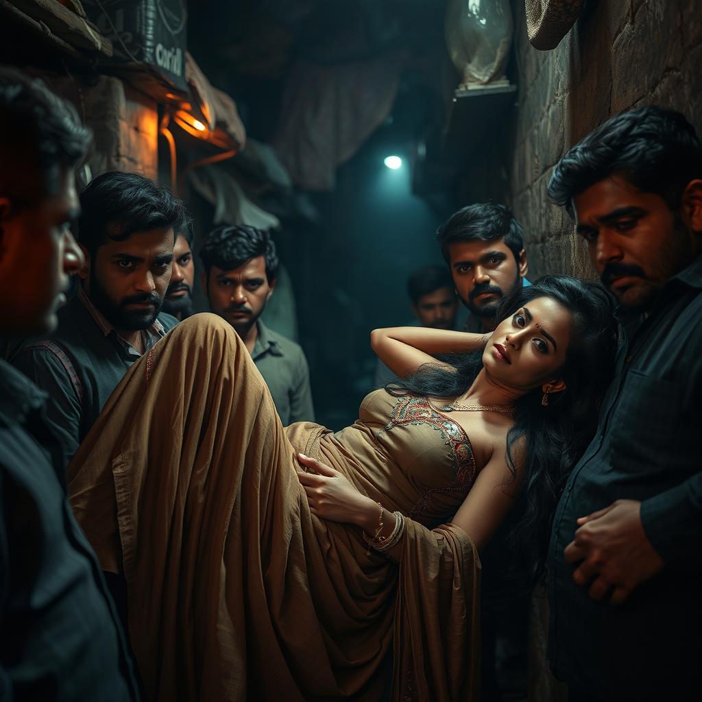 A captivating scene in a dimly lit slum at night, featuring a sultry Pakistani woman reclining gracefully against a wall