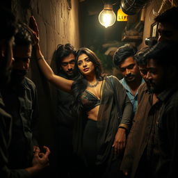 A captivating scene in a dimly lit slum at night, featuring a sultry Pakistani woman reclining gracefully against a wall