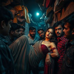 A captivating scene in a dimly lit slum at night, featuring a sultry Pakistani woman reclining gracefully against a wall