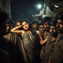 A captivating scene in a dimly lit slum at night, featuring a sultry Pakistani woman reclining gracefully against a wall