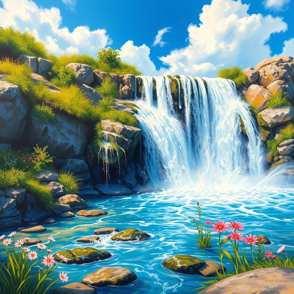 A beautiful painting depicting a vibrant waterfall cascading gracefully down rocky cliffs, surrounded by lush greenery and blooming wildflowers
