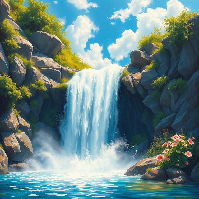 A beautiful painting depicting a vibrant waterfall cascading gracefully down rocky cliffs, surrounded by lush greenery and blooming wildflowers