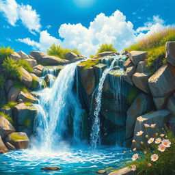 A beautiful painting depicting a vibrant waterfall cascading gracefully down rocky cliffs, surrounded by lush greenery and blooming wildflowers