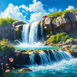 A beautiful painting depicting a vibrant waterfall cascading gracefully down rocky cliffs, surrounded by lush greenery and blooming wildflowers