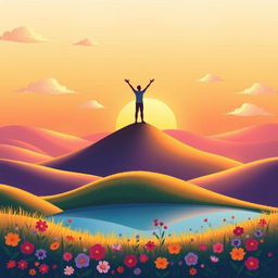 A vibrant and uplifting illustration featuring a serene landscape with rolling hills bathed in golden sunlight