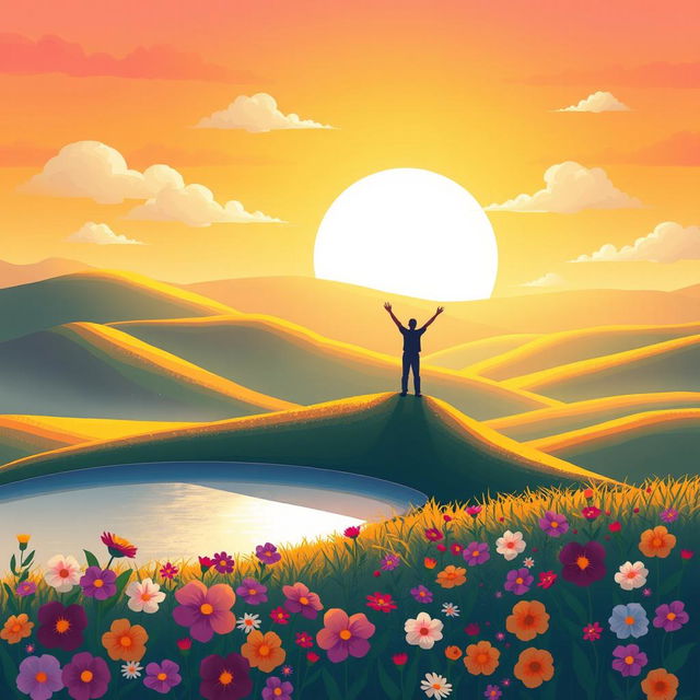 A vibrant and uplifting illustration featuring a serene landscape with rolling hills bathed in golden sunlight