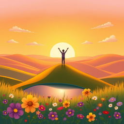 A vibrant and uplifting illustration featuring a serene landscape with rolling hills bathed in golden sunlight