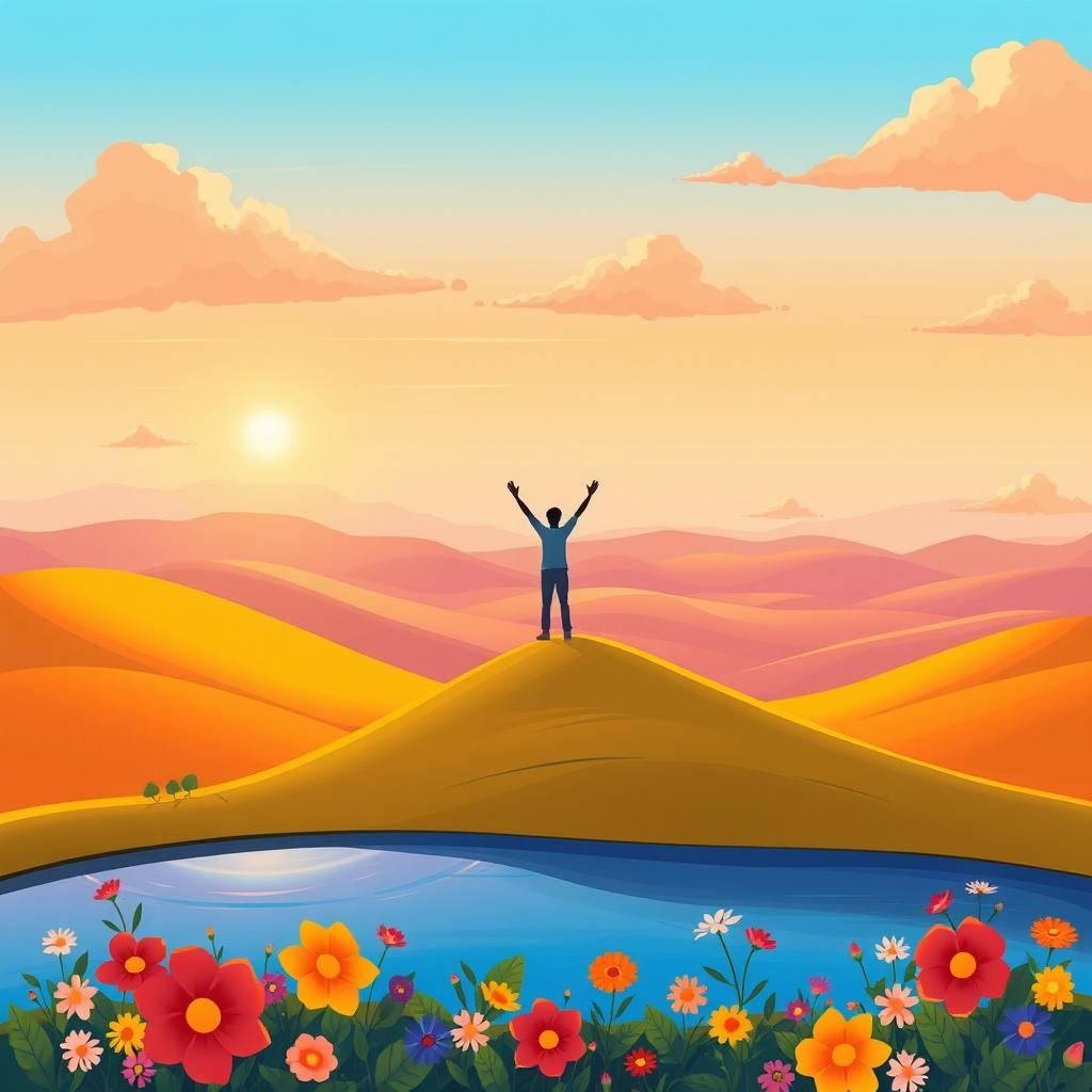 A vibrant and uplifting illustration featuring a serene landscape with rolling hills bathed in golden sunlight