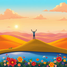 A vibrant and uplifting illustration featuring a serene landscape with rolling hills bathed in golden sunlight