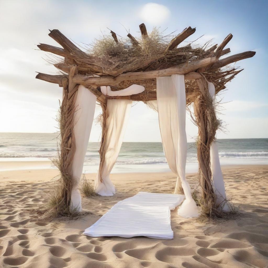 An alluring architectural structure on a tranquil beach, elegantly crafted from driftwood and draped with soft, wind-ruffled linen evoking a romantic seaside ambiance.