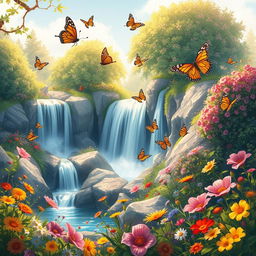 A captivating landscape illustration featuring a vibrant scene filled with blooming flowers, a beautiful waterfall cascading down rocks, lush green trees, and colorful butterflies fluttering around